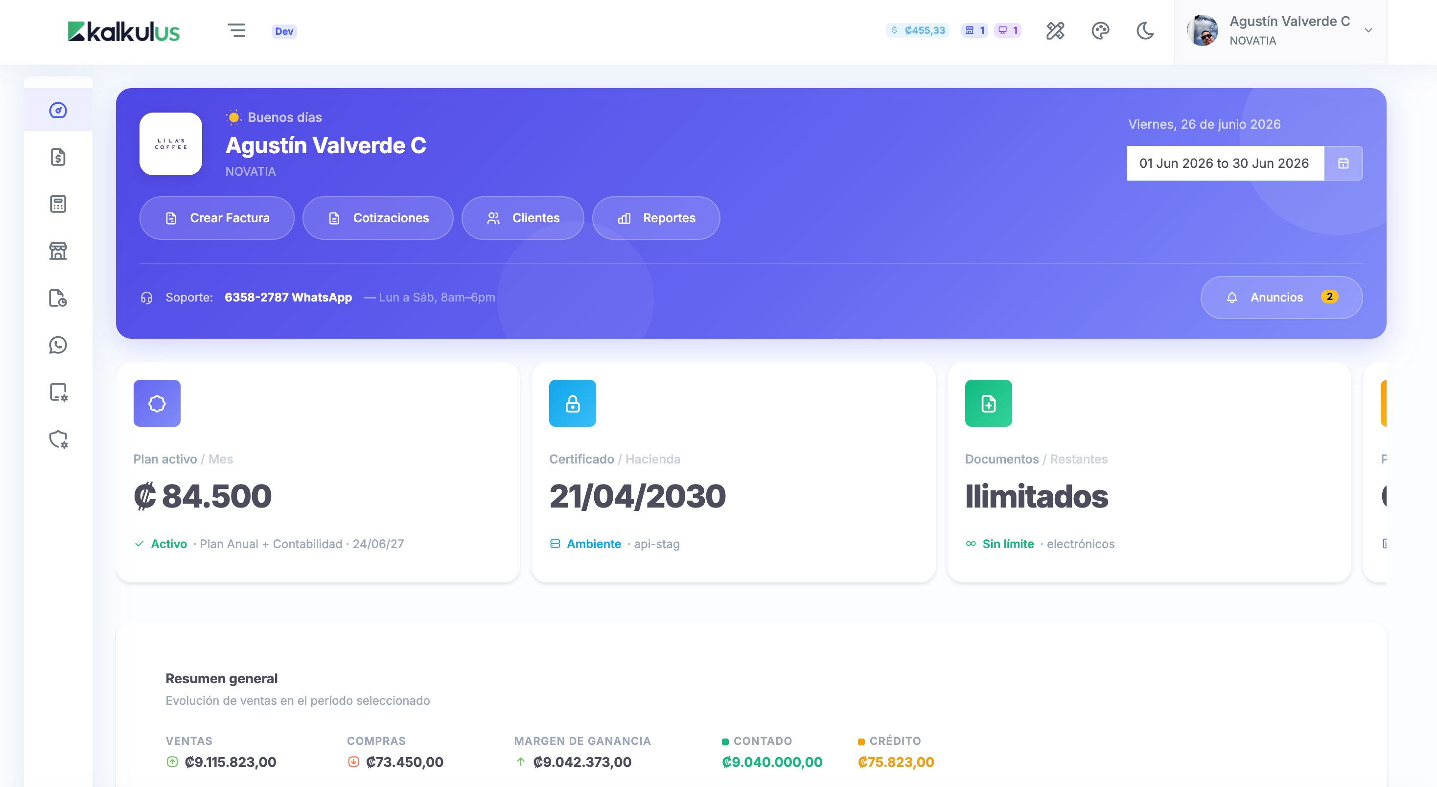 Panel de control de Kalkulus, sistema de facturación electrónica